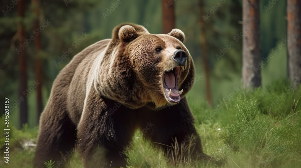 Grizzly bear roars, forest background. Generative AI.