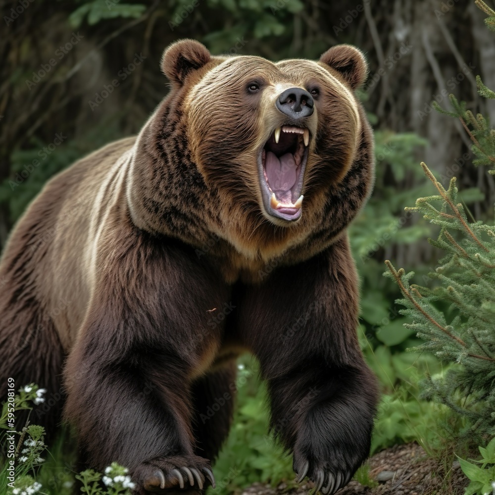 Obraz premium Grizzly bear roars, forest background. Generative AI.