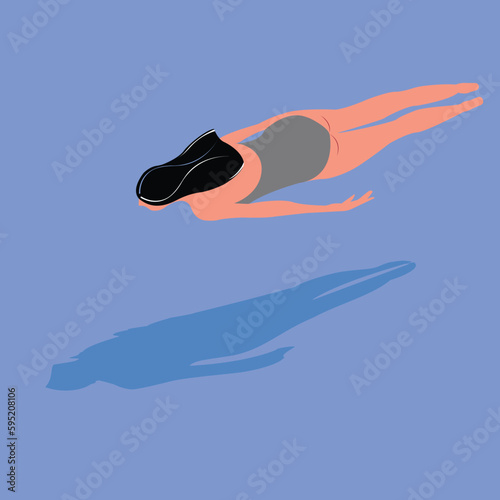 Girl swimming in the water. Woman in swimsuit swimming in swimming pool with shadow, Holiday, Relax on beach or pool. Vacation top view. Modern simple, Vector flat 