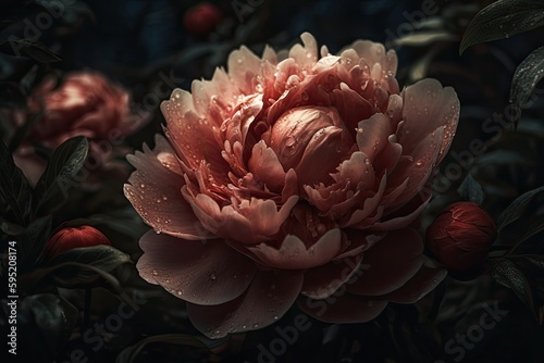 Pink flower with condensation in the dark background. Generative AI.