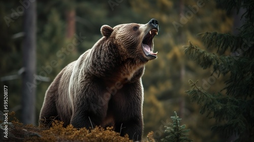 Grizzly bear roars, forest background. Generative AI.