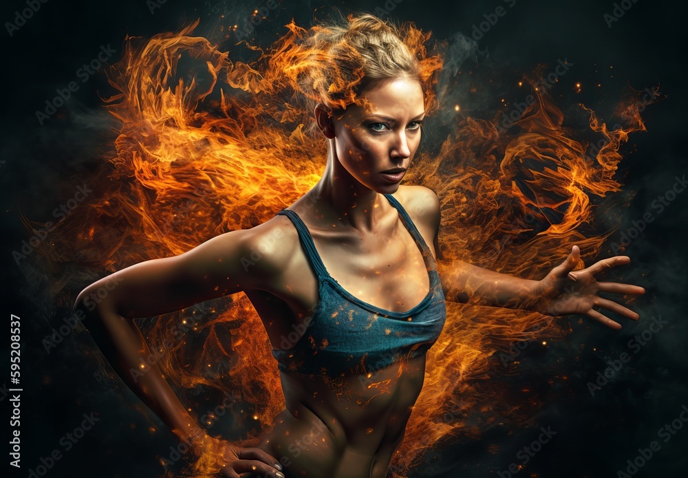 Sport. Dramatic portrait of professional athlete. Winner in a competition. Fire and energy.