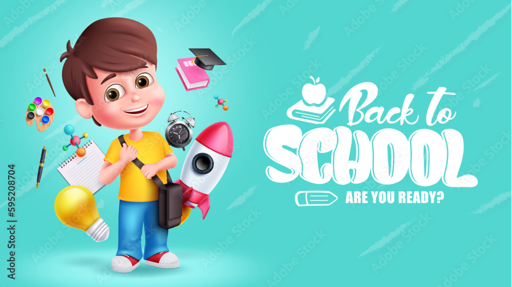 Naklejka premium Back to school text vector design. School young boy character with learning educational supplies elements. Vector illustration school education concept. 