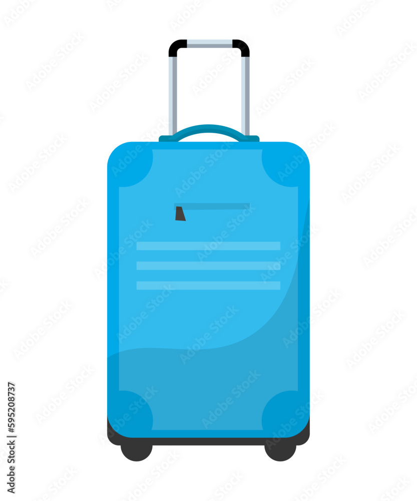 Blue plastic suitcase on wheels with telescopic silver handle, travel bag on trolley Blue plastic suitcase on wheels with telescopic silver handle, travel bag on trolley