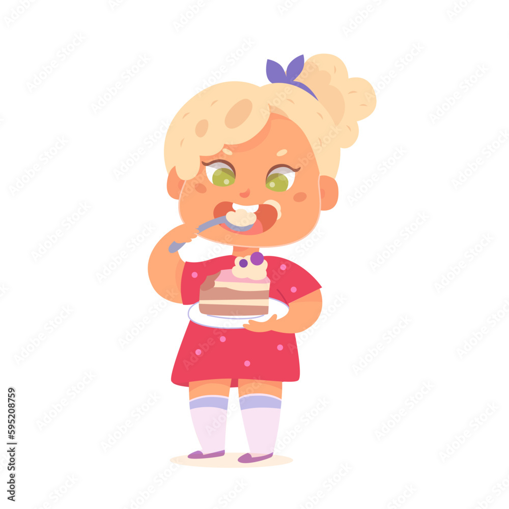 Overweight child eating piece of cake, funny hungry girl holding plate and spoon to eat
