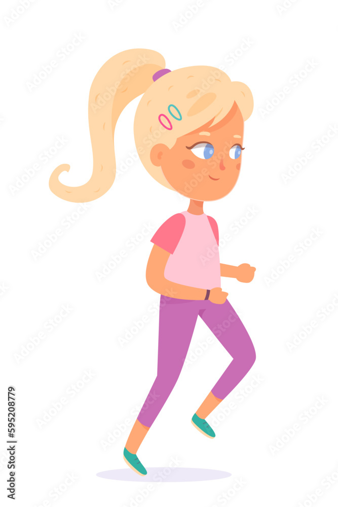 Active girl athlete running marathon, child runner jogging, side view of young sprinter
