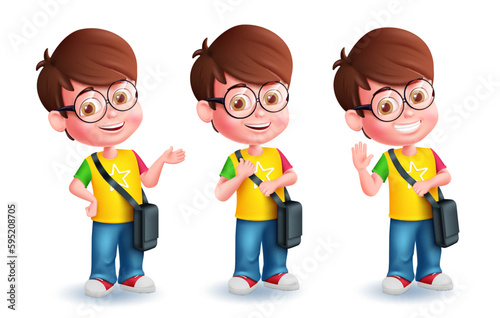 School boys character vector set design. Back to school young smart boy in standing and waving poses. Vector illustration educational characters collection. 