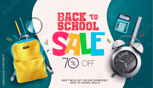 Back to school sale vector design. Back to school sale text with 70% promotion discount for student supplies. Vector illustration summer sale design.