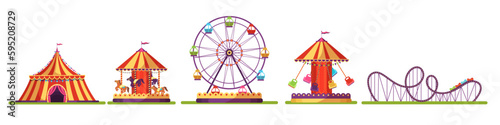 Amusement park set, cute ferris wheel and fair circus tent, merry go round carousel