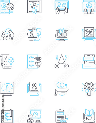 Knowledgeable institution linear icons set. Learning, Education, Expertise, Scholarly, Enlightened, Academic, Research line vector and concept signs. Experienced,Inspired,Proficient outline