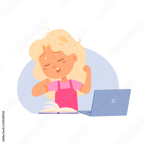 Tired asleep baby girl studying with laptop and book, sad sleepy kid sitting at table