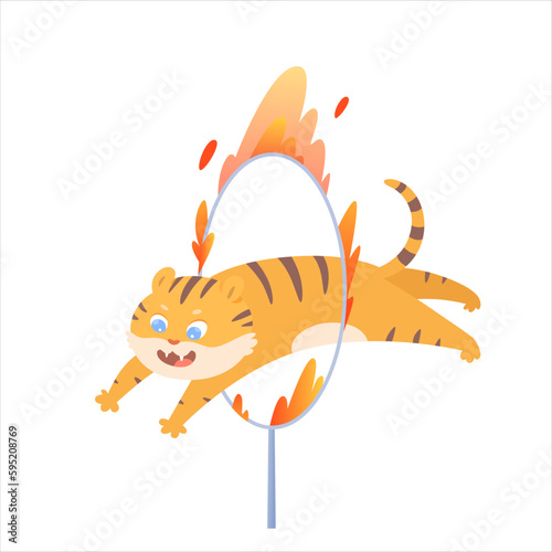 Circus performance of baby tiger jumping through ring with fire, animal performing show