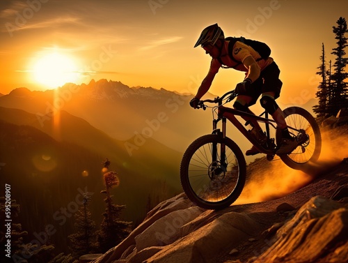 Mountainbiken im Gelände in den Bergen bei Sonnenunter, Generative AI
