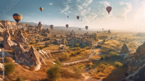 A panoramic picture of the bizarre scenery of Cappadocia, with towering rock formations and soaring hot air balloons. The ochre-colored rocks are covered in meandering tunnels and cave houses. The ima