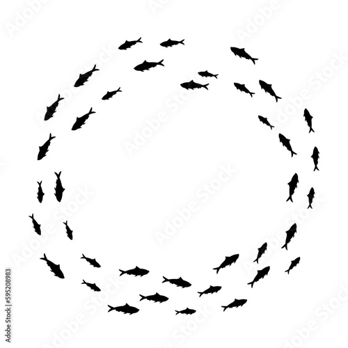 Small fish flock of round shape, top view vector illustration. Abstract silhouette of school of fish in sea or ocean water, minimalistic colony of shoal or deep underwater wild animals in circle