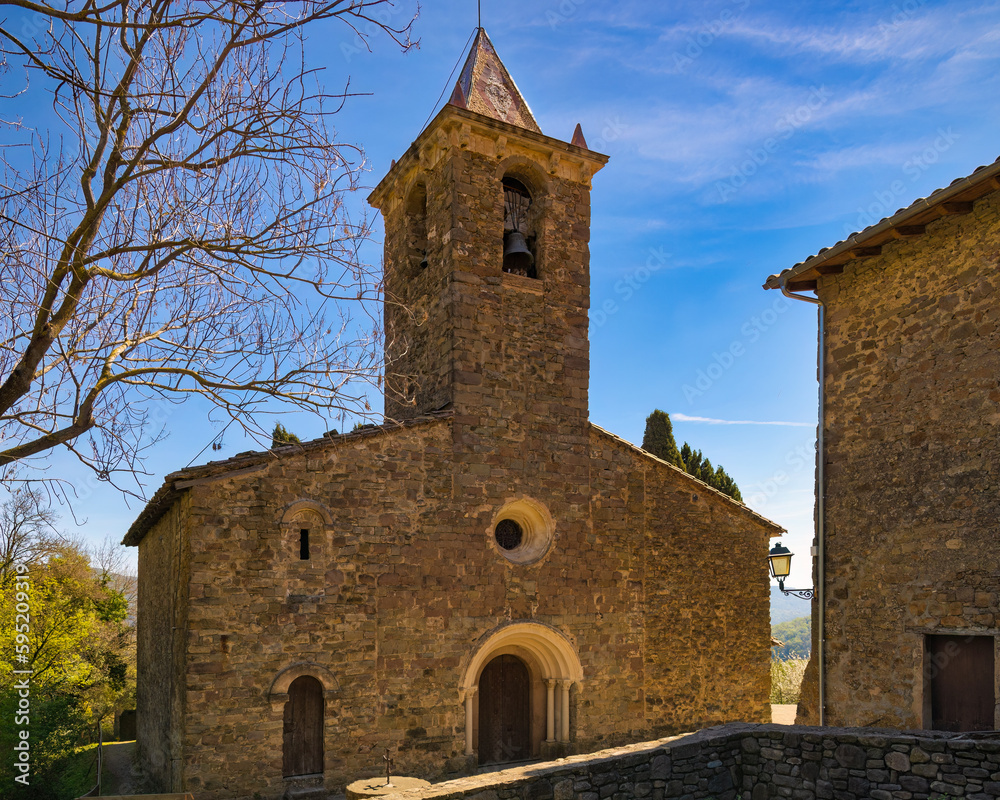 View of the main facade of the Church of Sant Roma de Joanetes, Garrotxa, Catalonia, Spain