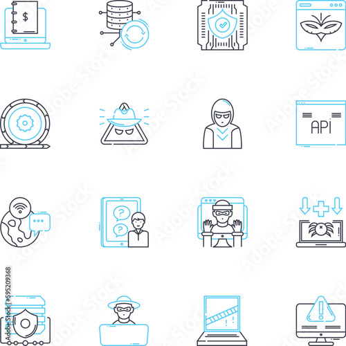 Fraudsters linear icons set. Deceit, Scam, Swindle, Sham, Trickster, Con-artist, Imposter line vector and concept signs. Charlatan,Imposition,Hoax outline illustrations