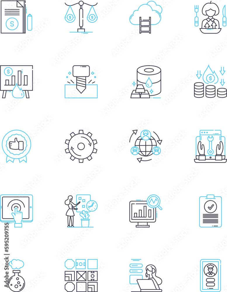 Fiscal expansion linear icons set. Stimulus, Investment, Inflation, Employment, Economic growth, Demand, Taxation line vector and concept signs. Deficit,Business,Infrastructure outline illustrations