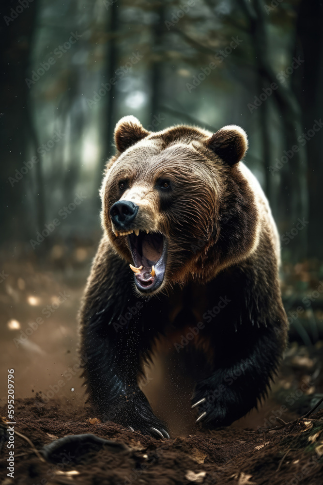 Brown bear in the wild. Kamchatka Forest. Wild Grizzle bear roaring aggressively running towards camera generative ai
