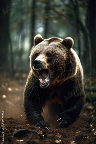 Brown bear in the wild. Kamchatka Forest. Wild Grizzle bear roaring aggressively running towards camera generative ai