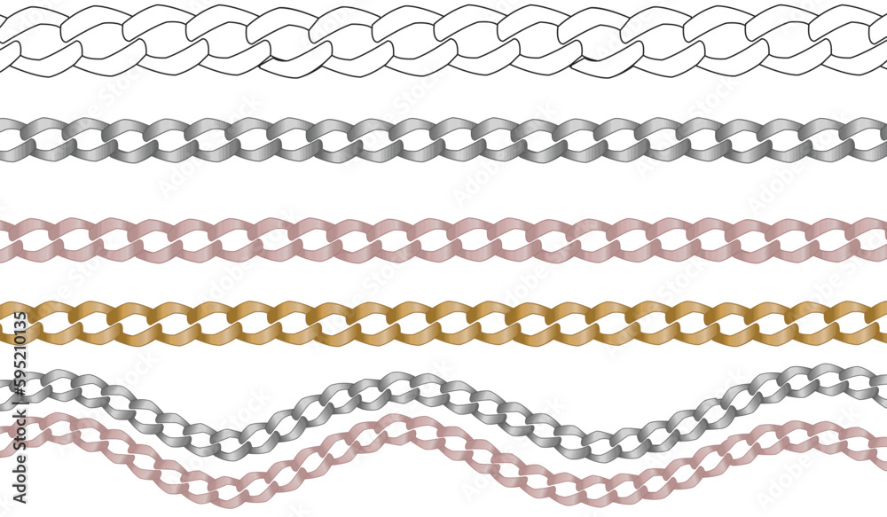 SET OF MULTICOLOR METAL SHINY CHAINS WITH DIAMANTE AND ZIRCONS IN METAL CHAINS VECTOR - obrazy, fototapety, plakaty 