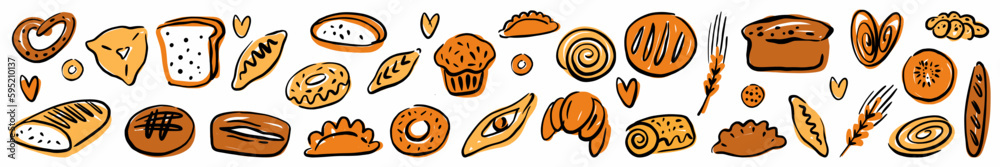 Vector horizontal pattern of pastries and bread, hand-drawn in doodle style Vector horizontal pattern of pastries and bread, hand-drawn in doodle style