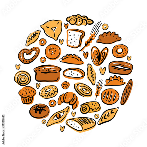 A collection of pastries and bread in the shape of a circle, hand-drawn in the style of a doodle
