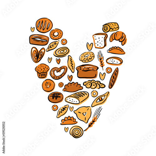 A collection of pastries and bread in the shape of a heart, hand-drawn in the style of a doodle