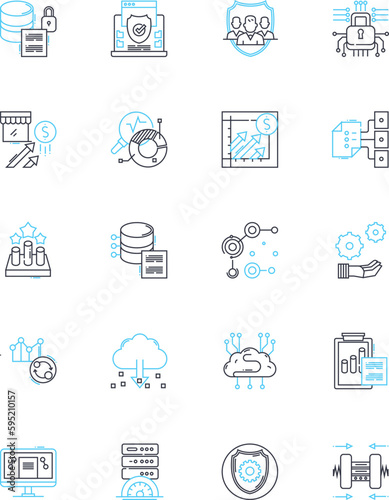 Voluminous records linear icons set. Extensive, Abundant, Comprehensive, Copious, Enormous, Massive, Multifarious line vector and concept signs. Profuse,Rampant,Sweeping outline illustrations