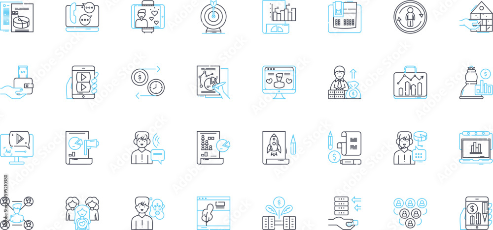Internet media linear icons set. Streaming, Viral, Podcast, Webinar, Influencer, Blog, Vlog line vector and concept signs. Social,Content,Podcasting outline illustrations