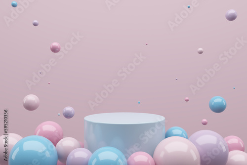 Minimal product podium stage with pink colors balloons in geometric shape for presentation background. Abstract background and decoration scene template. 3D render
