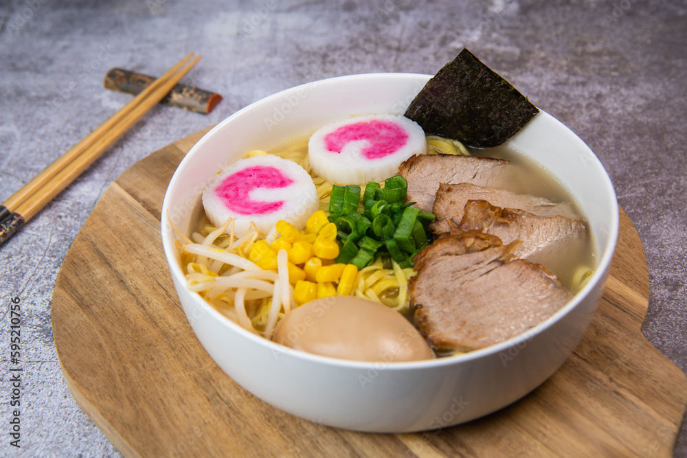 Fresh ramen noodles with garnish, pork tenderloin, eggs marinated in Mirin and soy sauce, bean sprouts, corn, nori leaf, spring onion, and homemade Narutomaki with codfish back, Hight quality Fresh ramen noodles with garnish, pork tenderloin, eggs marinated in Mirin and soy sauce, bean sprouts, corn, nori leaf, spring onion, and homemade Narutomaki with codfish back, Hight quality