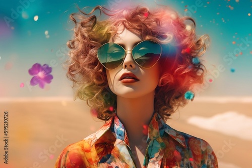 imagination multicolored paper art illustration, forward facing fashion portrait of beautiful woman wearing modern summer outfit. generative AI