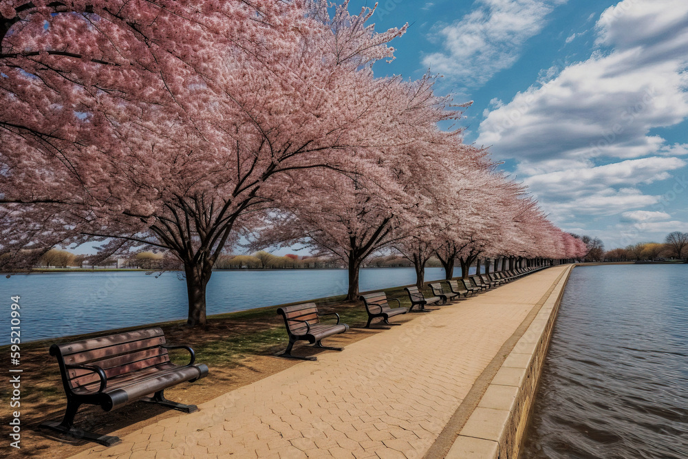 A photograph of the cherry blossom trees in full bloom at the Tidal Basin in Washington, D.C. - generative AI
