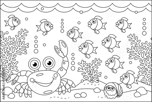 Underwater coloring page with crab and sea life scene
