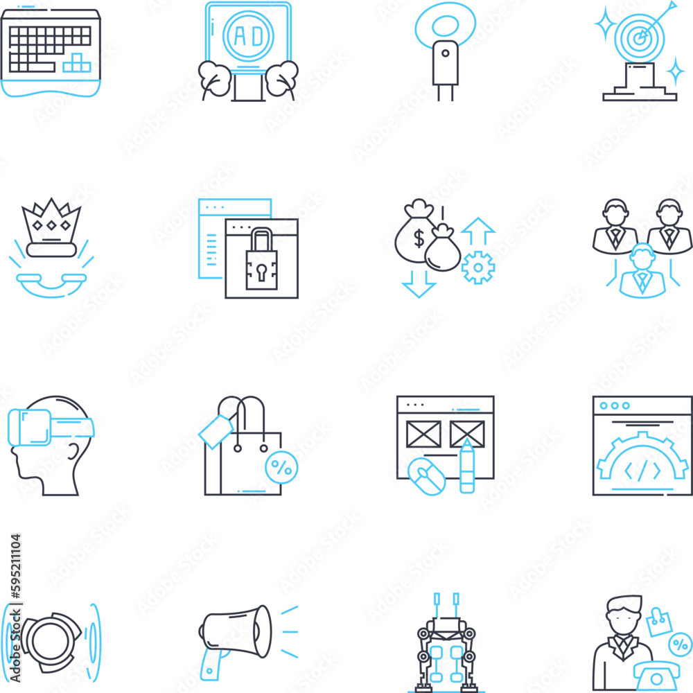Communication outreach linear icons set. Nerking, Engagement, Promotion, Advertising, Collaboration, Branding, Influence line vector and concept signs. Connection,Campaign,Outreach outline