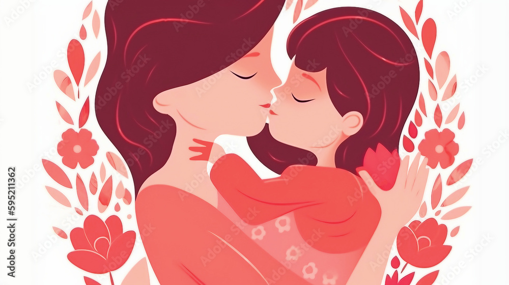 A mother and daughter kiss on a floral background.