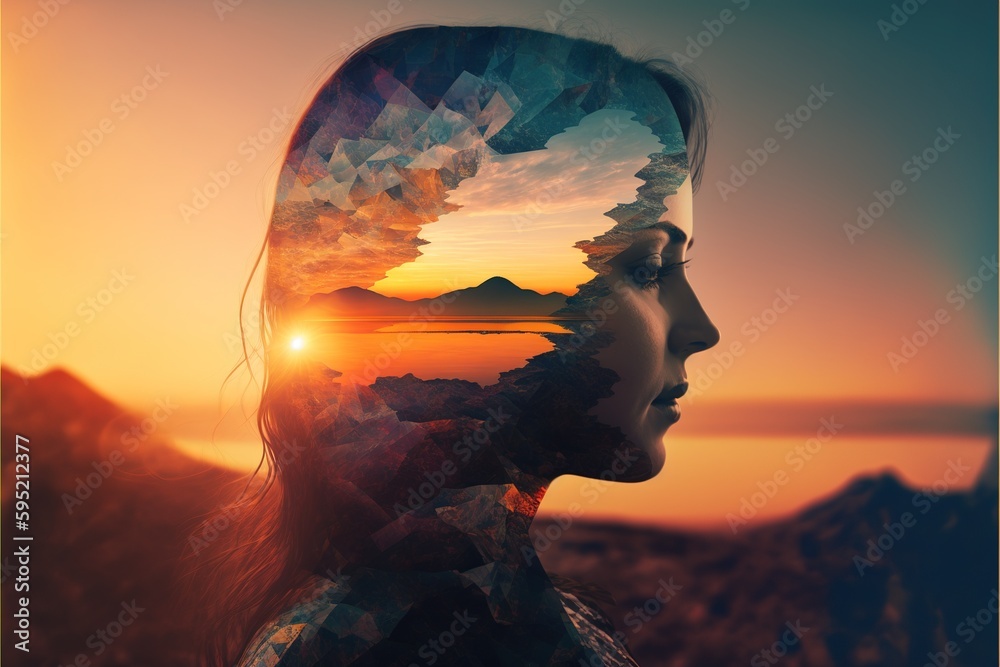 Double exposure image woman portrait with the orange sunset for peaceful mind and psychological concept. Meditative and healthy mental therapy abstract art. Superb Generative AI - obrazy, fototapety, plakaty 