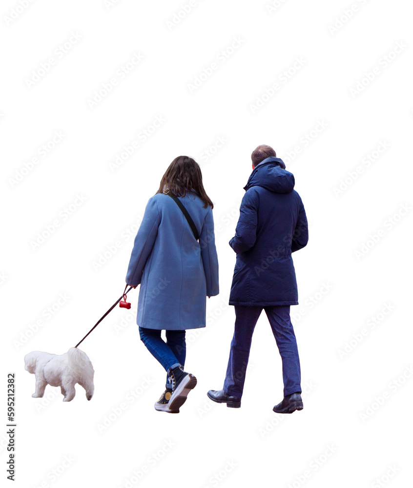 Jeune couple de trente ans habillé en bleu foncé en promenade avec leur chien blanc, l'homme a les mains dans les poches.  - obrazy, fototapety, plakaty 