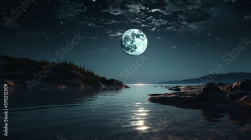 moon on a background star sky reflected in the sea. Generative ai
