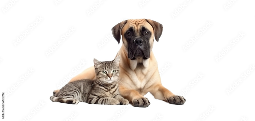 Mastiff dog and cute kitten lie together. isolated on transparent background. PNG. Two puppies. Post-processed generative AI - obrazy, fototapety, plakaty 
