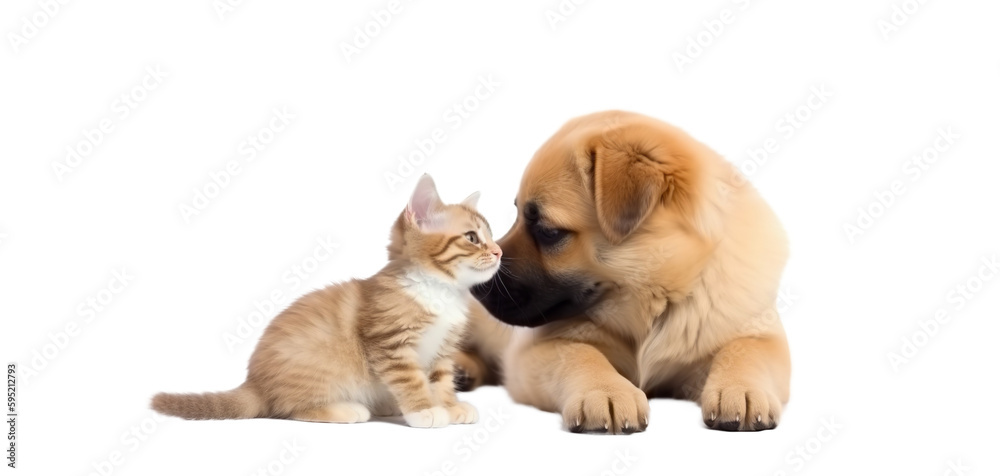 Puppy dog and cute kitten lie together. isolated on transparent background. PNG. Two puppies. Post-processed generative AI Puppy dog and cute kitten lie together. isolated on transparent background. PNG. Two puppies. Post-processed generative AI