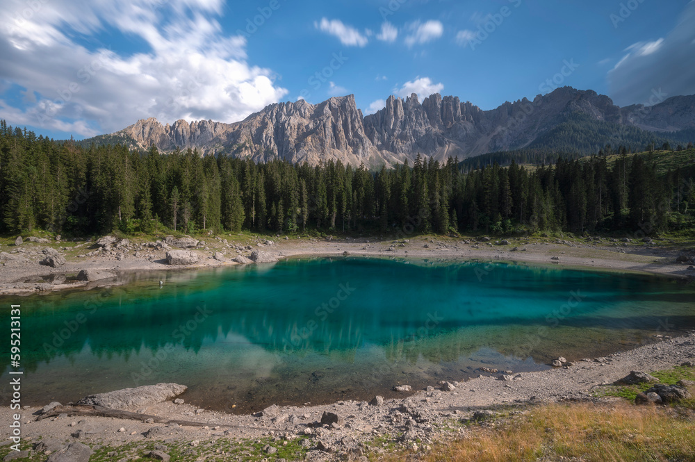 Lake Karersee, Carezza with turquoise water, Dolomites, Italy 