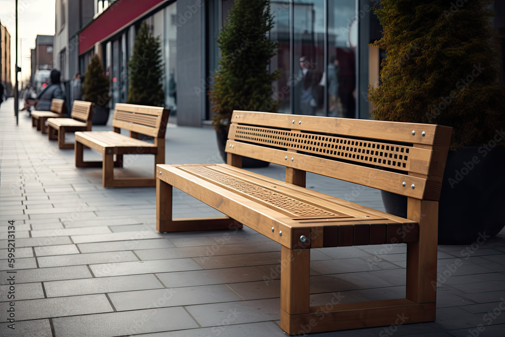 Modern wooden benches standing on the sides of the paved paths of the city park on a rainy day. Modern wooden benches standing on the sides of the paved paths of the city park on a rainy day.