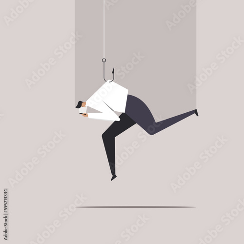 Conceptual illustration of a man engaged with a mobile phone is trapped in a fishing hook