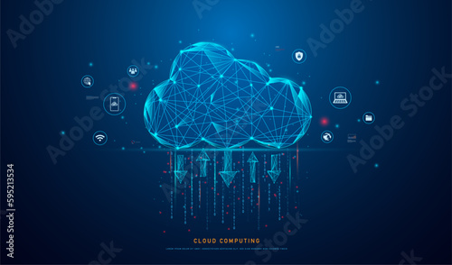 cloud computing icon on low polygonal style for technology cloud computing for data transmission, database, data storage, and backup. Networking and Internet service concept.