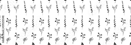 Flower plants with leaves of different shapes on a white background. Seamless pattern. © Yuliia