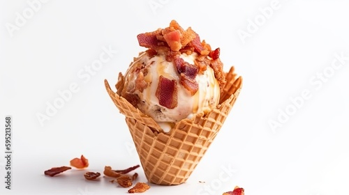 Maple bacon ice cream in a waffle cone with maple syrup and bacon bits on White Background with copy space for your text created with generative AI technology