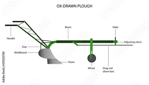 Diagram of an ox-drawn plough with labelled parts