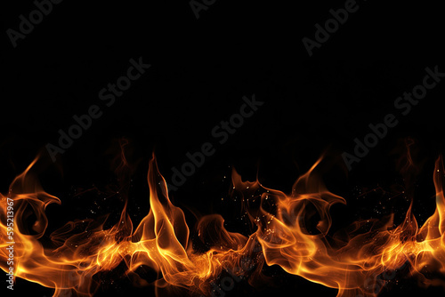Burning fire flame on black background with copy space. Created with Generative AI Technology